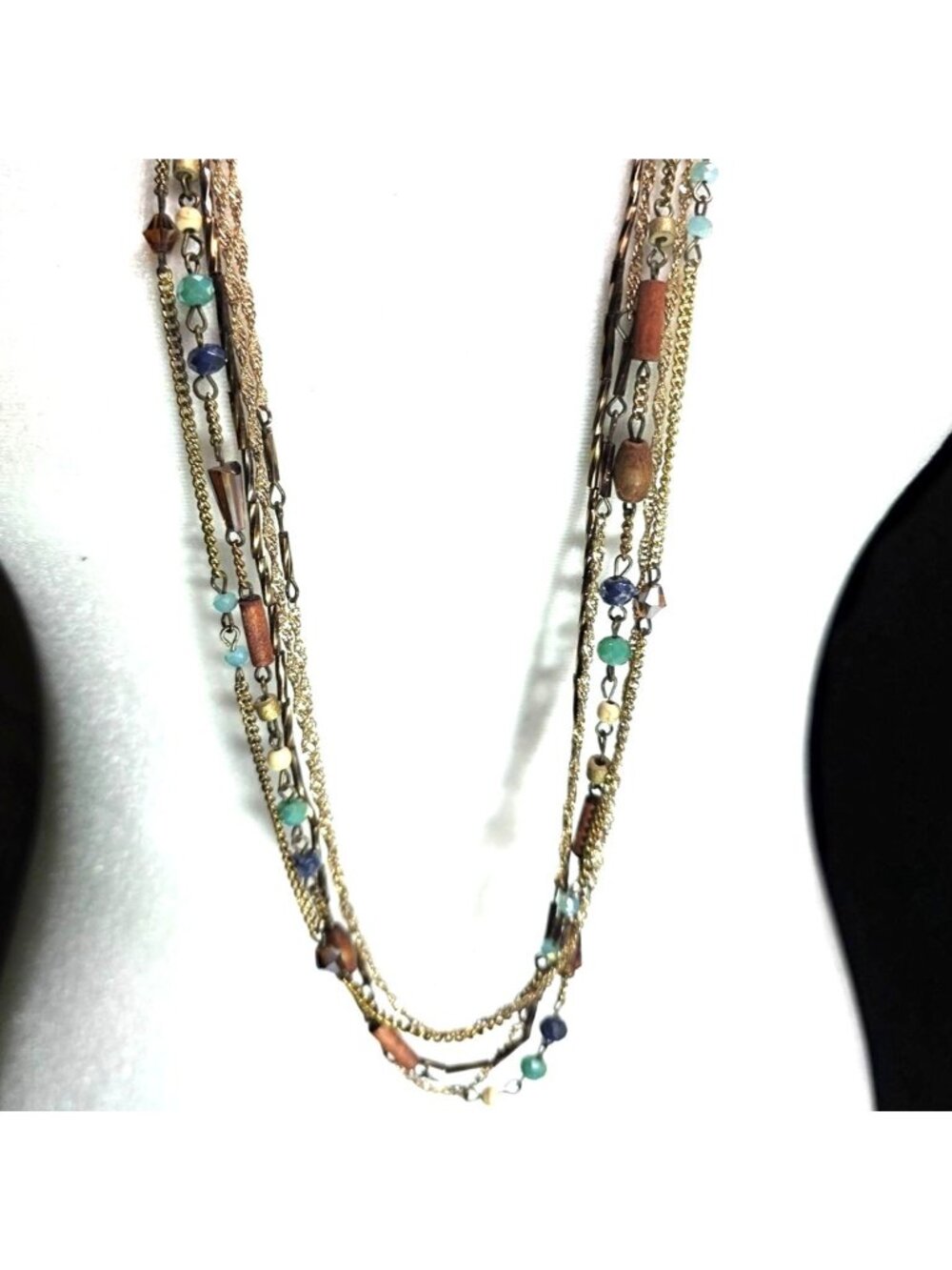 Multi-Strand Layered Necklace Mixed Beads Gold tone Chains boho womens jewelry
